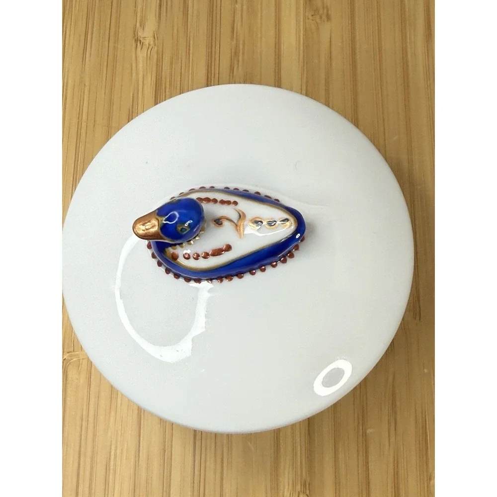 VTG  La Reine Limoges Porcelain Trinket Box White Blue‎ Duck Jewelry Box